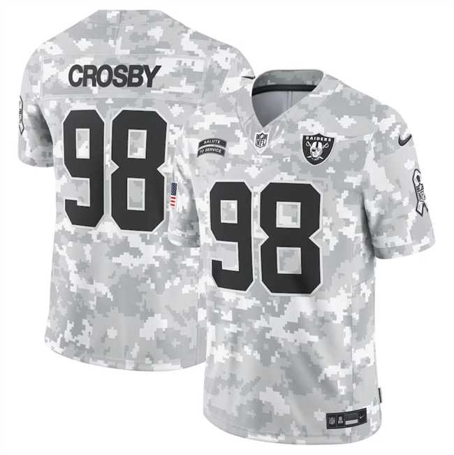 Mens Las Vegas Raiders #98 Maxx Crosby 2024 Arctic Camo Salute To Service Limited Stitched Jersey Dyin